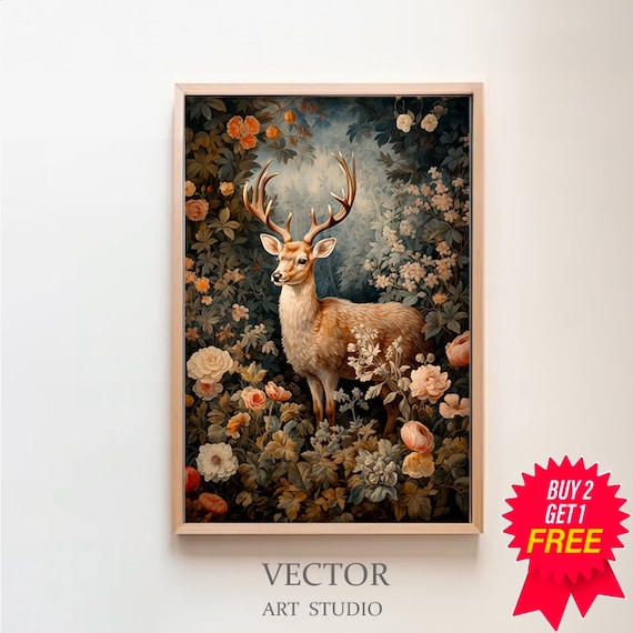 Majestic Stag Standing in Blooming Floral Woodland Nature Decor Art Poster