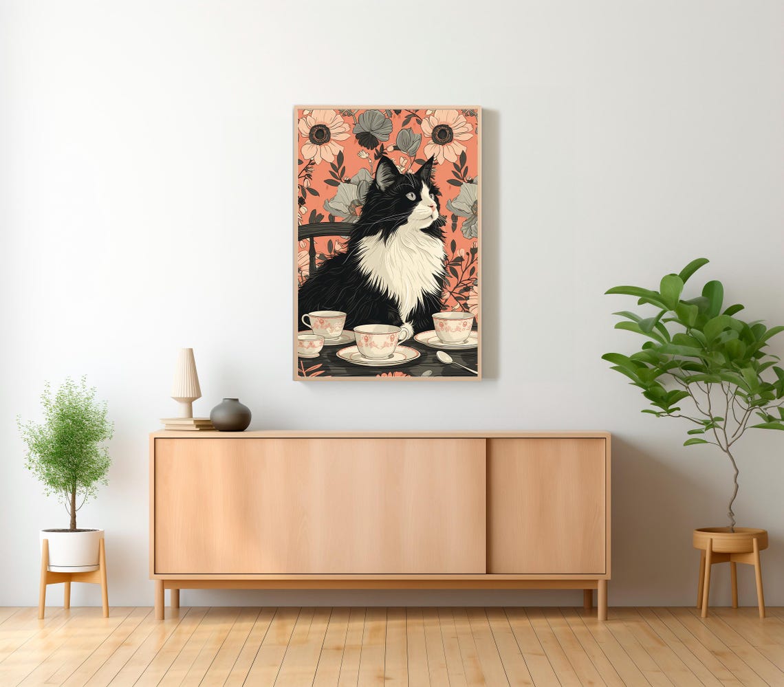 Elegant Tuxedo Cat With Teacups on a Dark Table Botanical Poster - Image 2