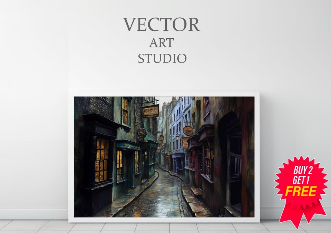 Moody Rainy Wizard Alley Dark Wet Cobblestone Street Art Poster - Image 3
