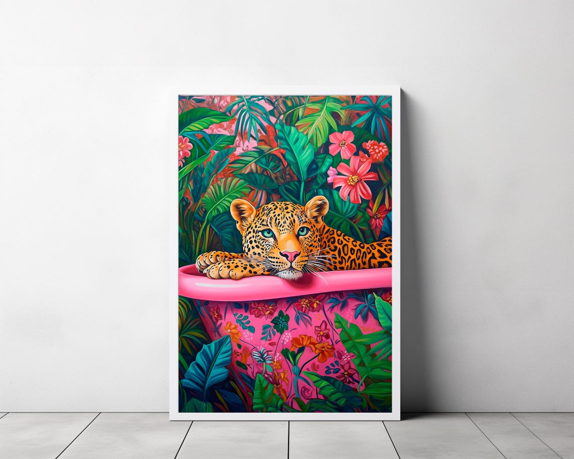 Leopard Lounging on Pink Bathtub Edge in Tropical Jungle Poster - Image 3