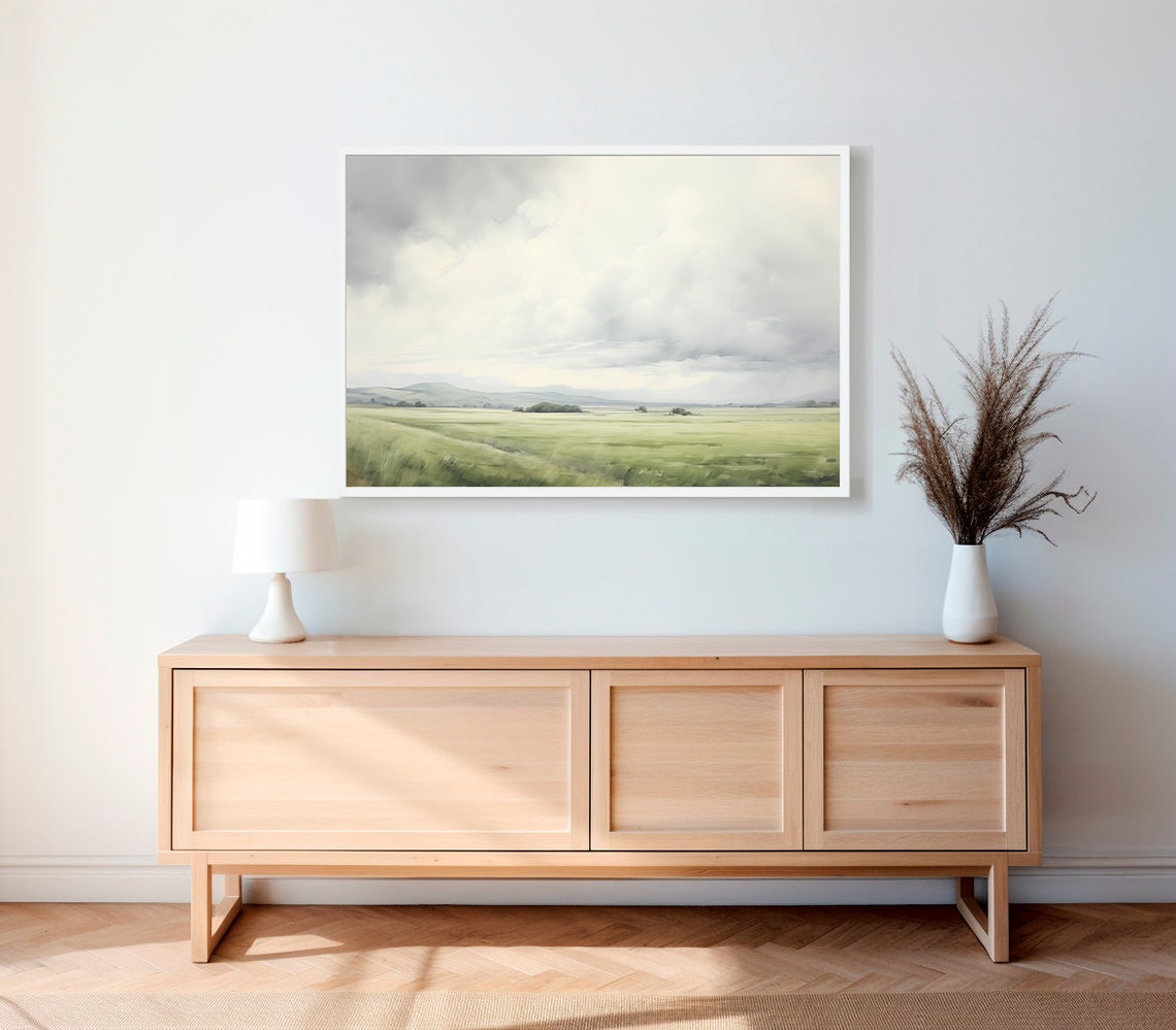 Vast Green Prairie Under Cloudy Sky Serene Nature Landscape Poster - Image 2