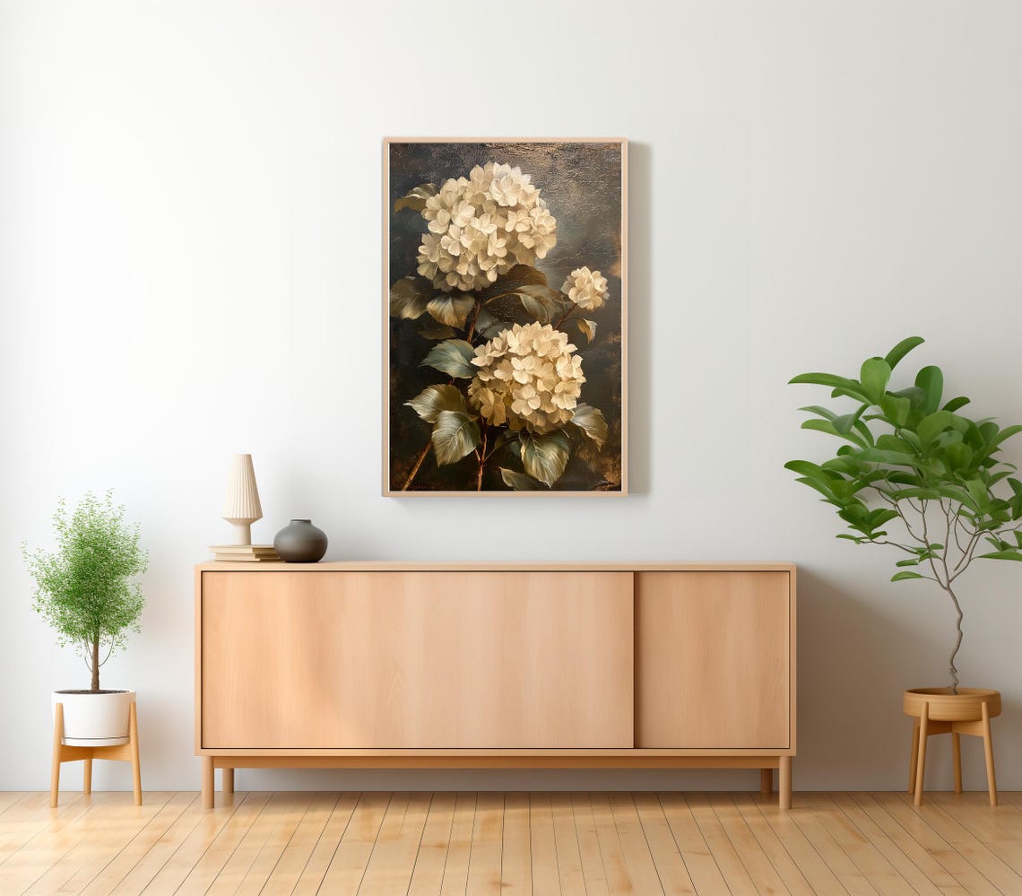 Moody Cream Hydrangea Blossom Clusters Dark Vintage Floral Poster - Image 2