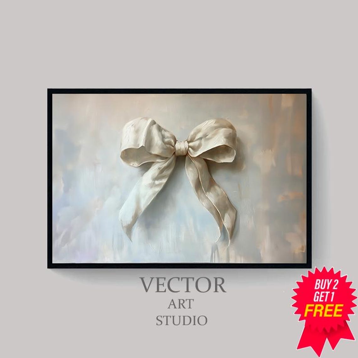 Soft White Silk Bow On Warm Cream Vintage Nursery Oil Poster - Image 4