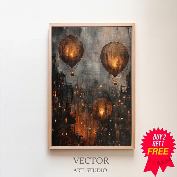 Three Glowing Amber Hot Air Balloons Over Foggy City Night Poster