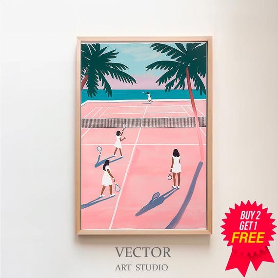 Tennis Art Print Pink Sports Illustration Minimalist Wall Decor Tennis Poster Vintage Tennis Wall Art Small People Art