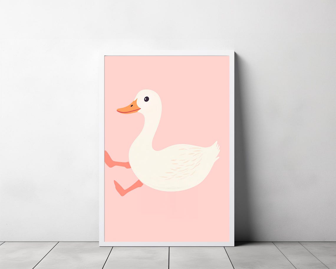 Happy White Duck Running Across Soft Pink Background Art Poster - Image 3