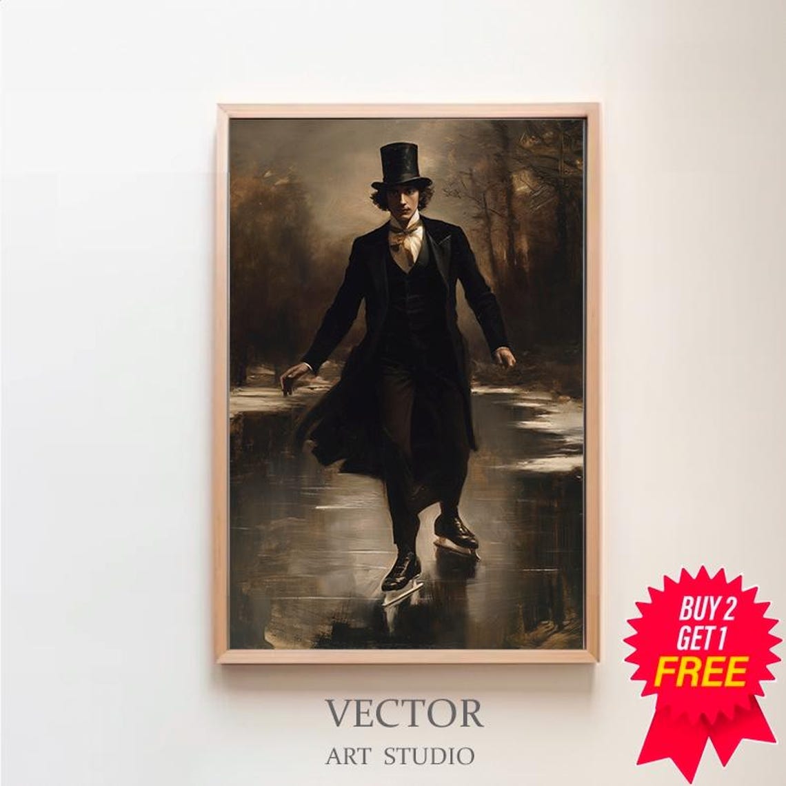 Victorian Gentleman Ice Skating on Frozen Pond Vintage Poster