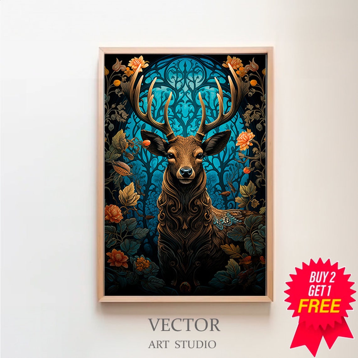 Majestic Stag Beneath A Blue Stained Glass Arch Winter Poster