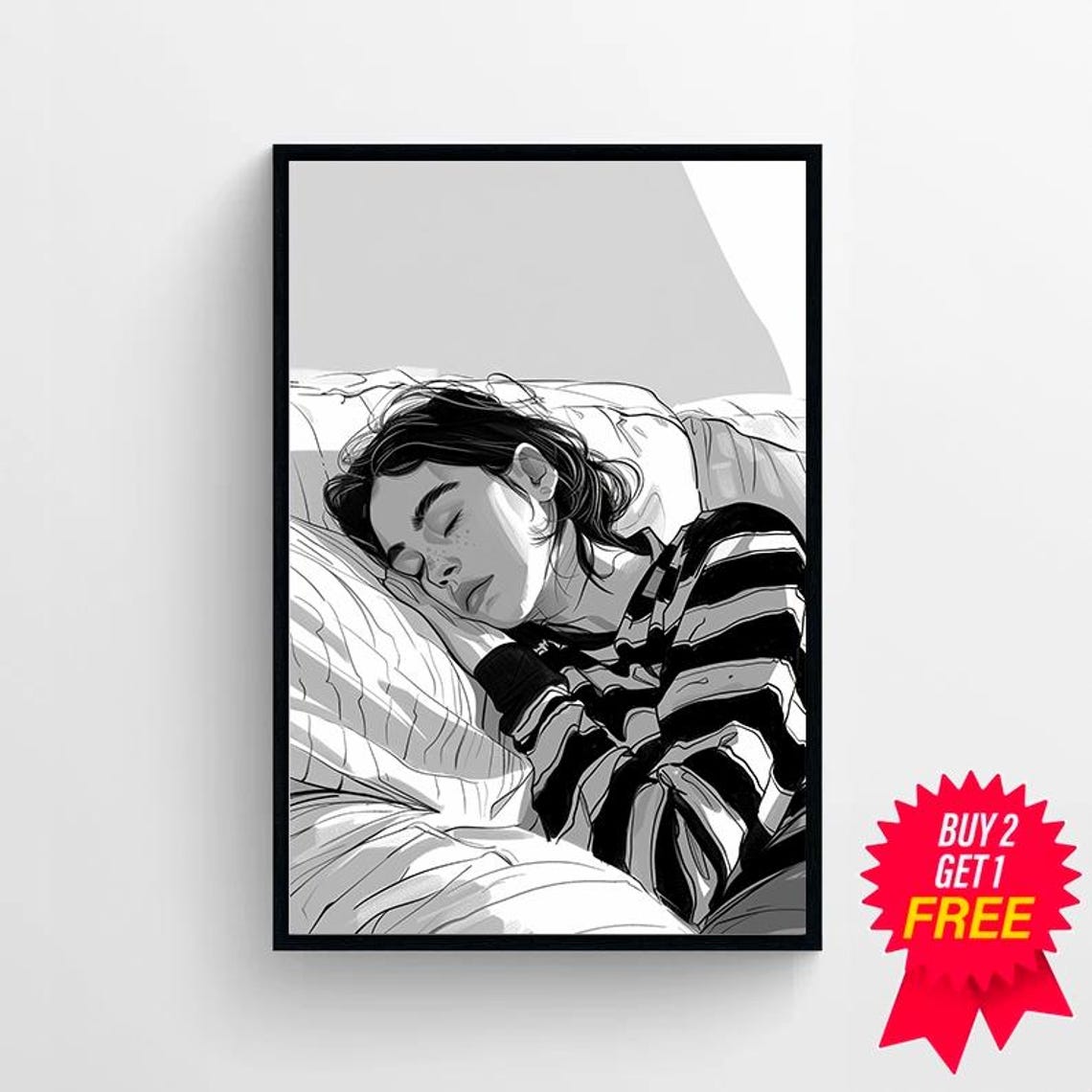 Black and White Sketch of a Woman Sleeping in Stripes Poster - Image 4