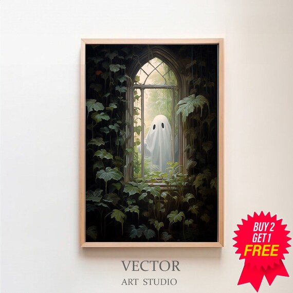 Ghost Behind a Tall Arched Glass Door in Wild Foliage Poster