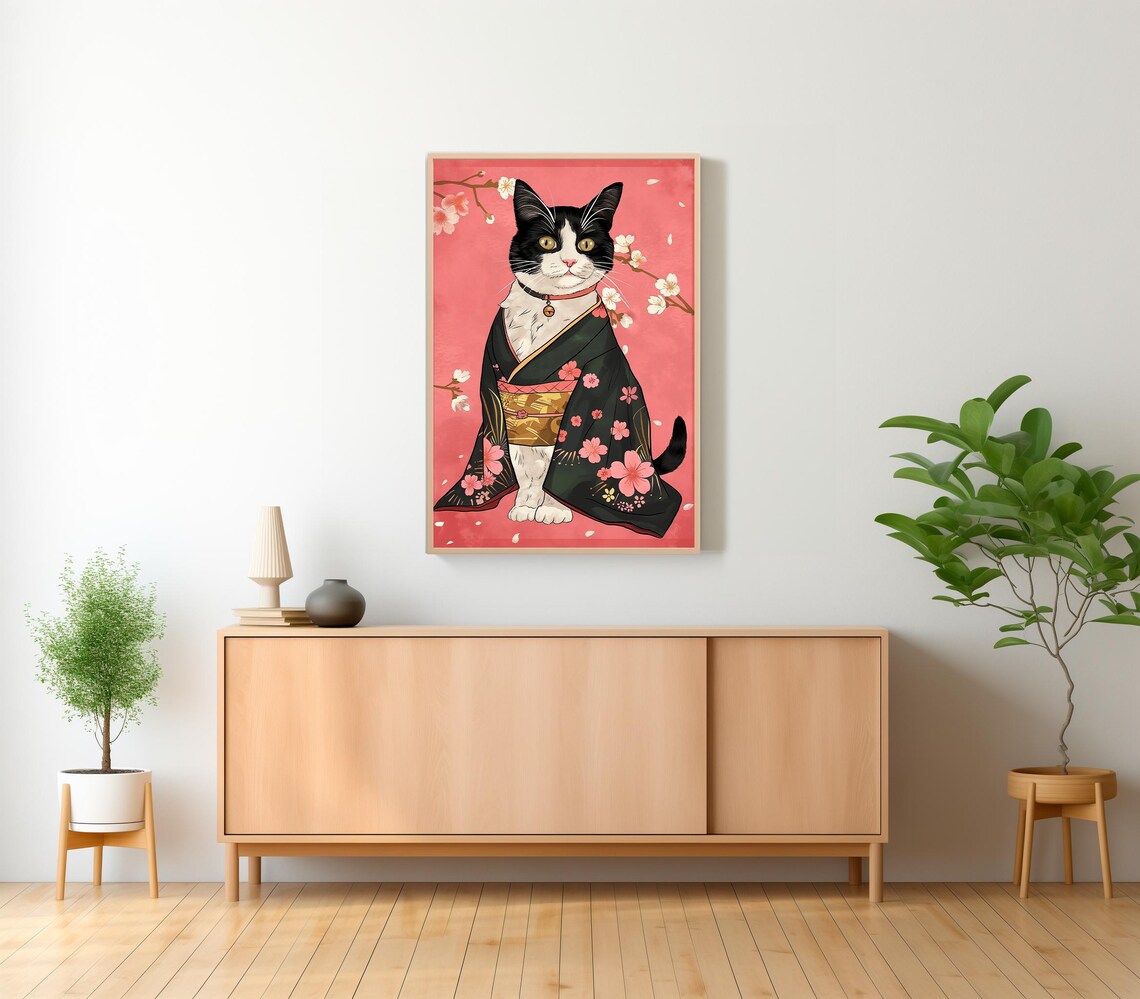 Black and White Tuxedo Cat Wearing Kimono with Cherry Blossoms Art Poster - Image 2