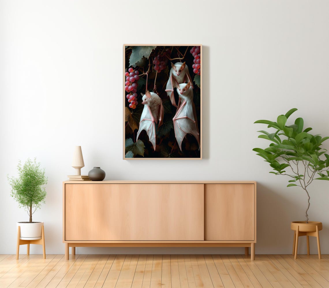 Three White Fruit Bats Among Grape Vines Dark Botanical Gothic Poster - Image 2