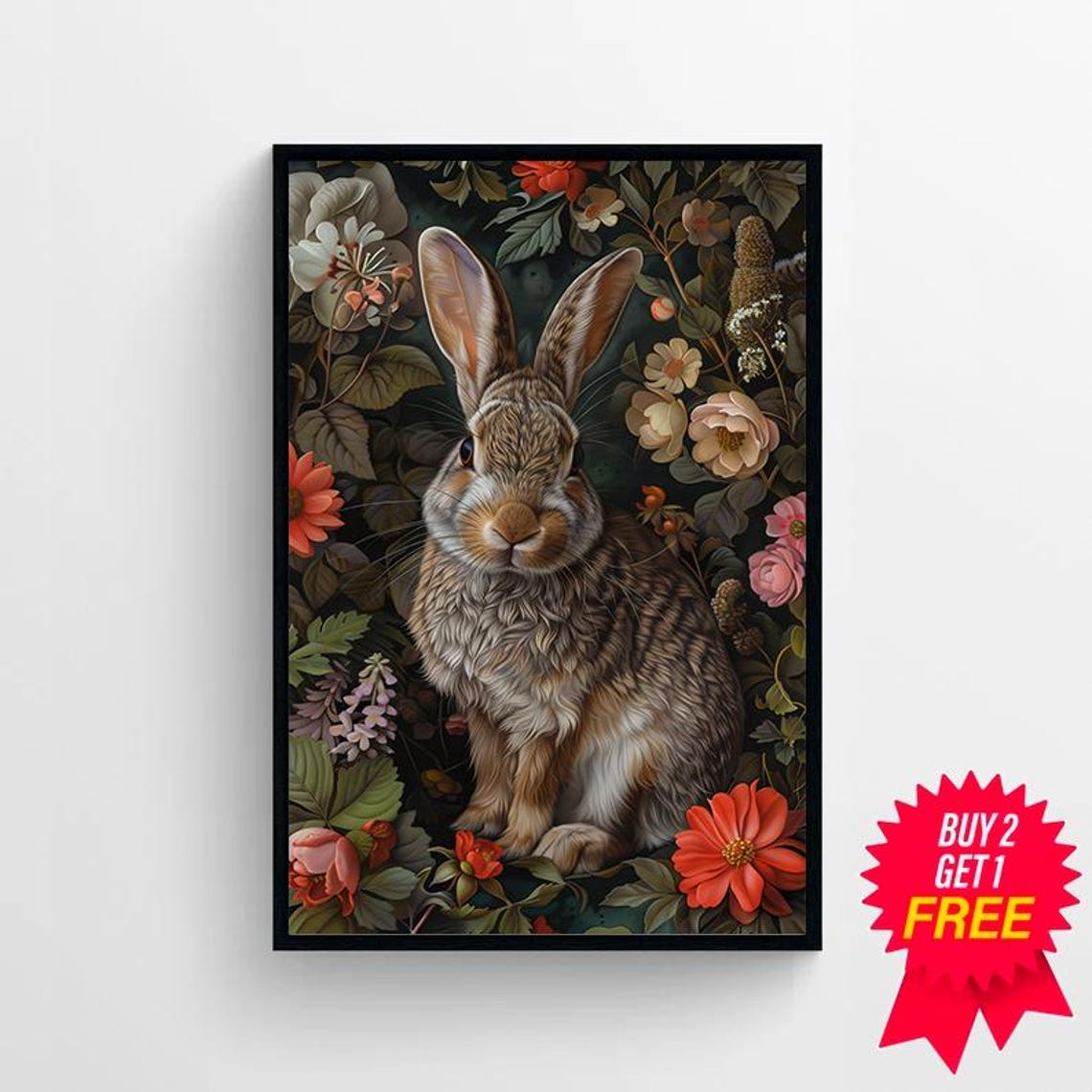 Vintage Bunny Rabbit Among Roses Botanical Floral Art Nouveau Poster - Image 4