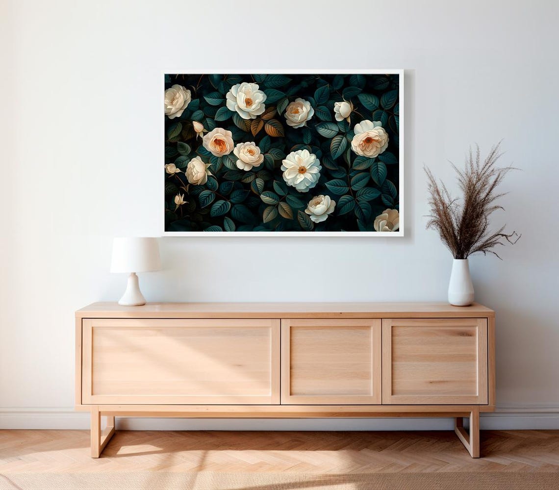 White Roses Dark Green Repeat Pattern Botanical Garden Poster - Image 2