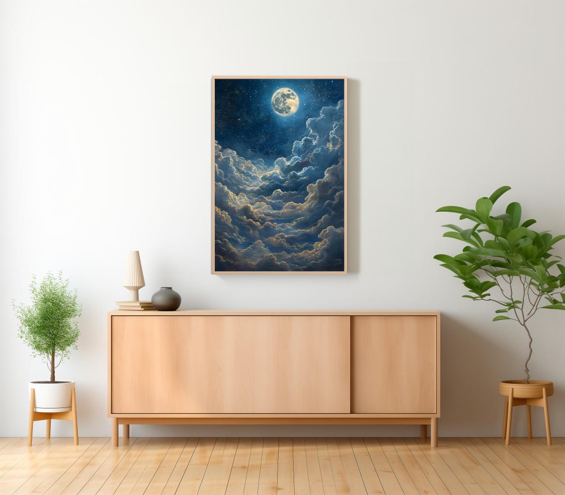 Enchanting Moon Art Print Vintage Inspired Dark Academia Dark Cottagecore Celestial Art Print Night Sky Painting - Image 2