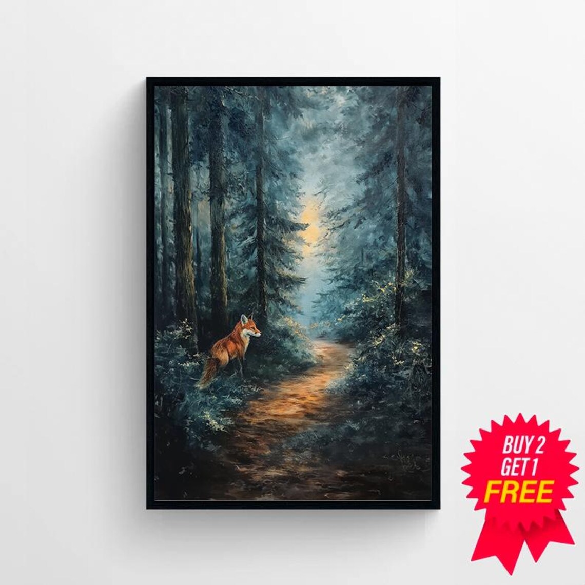 Red Fox in a Misty Blue Forest on a Glowing Golden Path Oil Painting Poster - Image 4