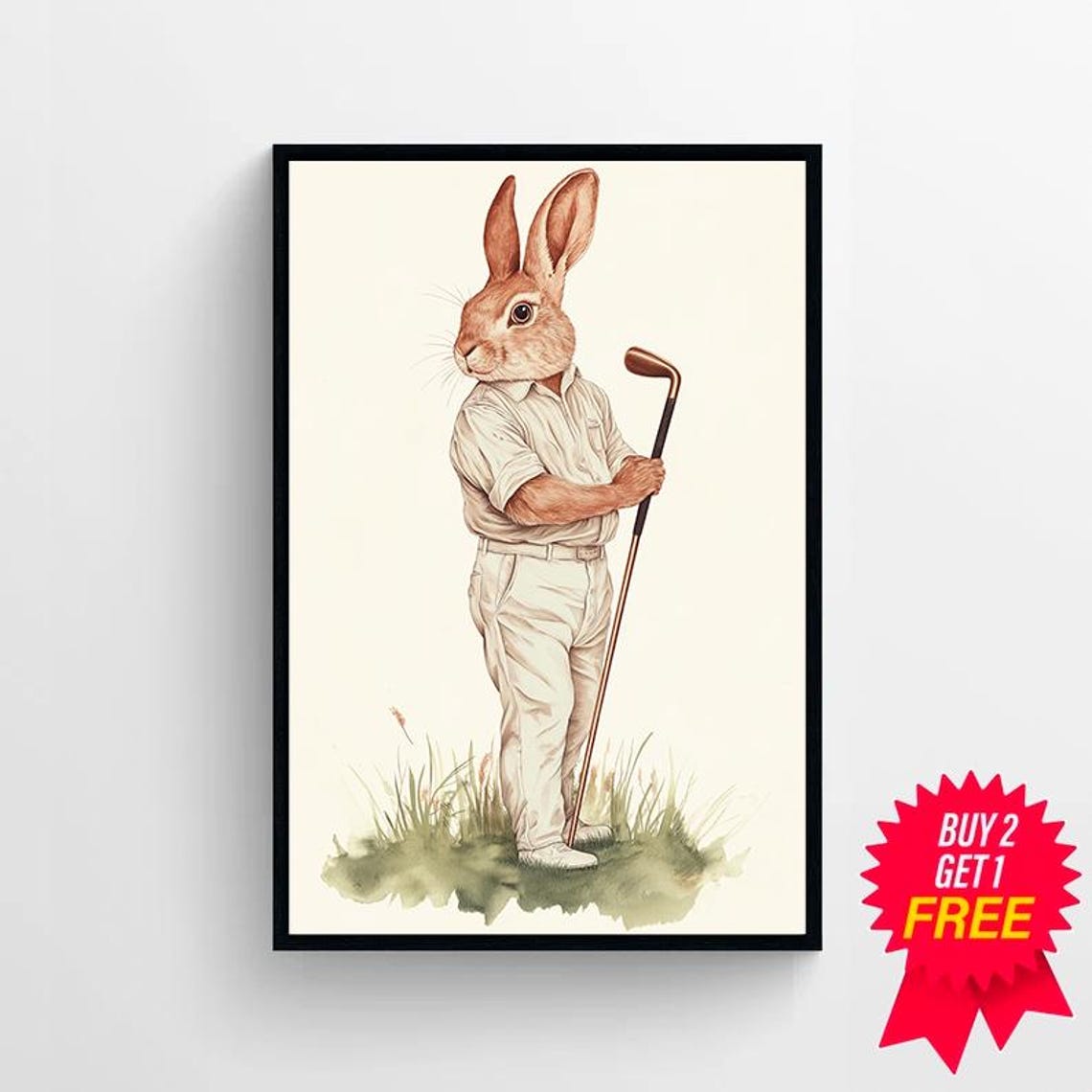 Rabbit Golfer in White Outfit Leaning on a Vintage Golf Club Poster - Image 4