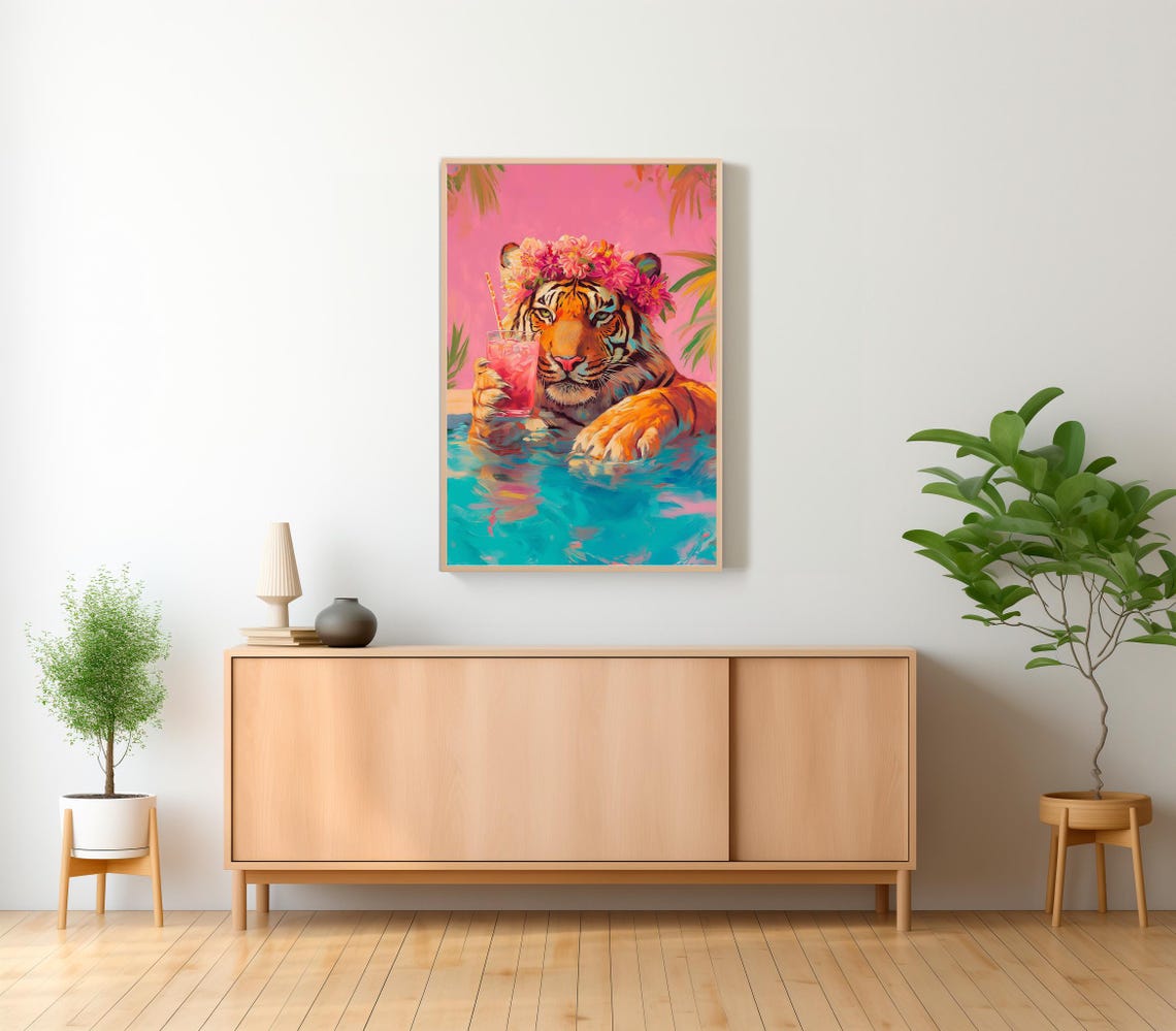 Wall Art Tiger With A Cocktail Maximalist Oil Painting Colorful Trendy Kitsch Vivid Bathroom Print Bold Dopamine Animal Picture - Image 2