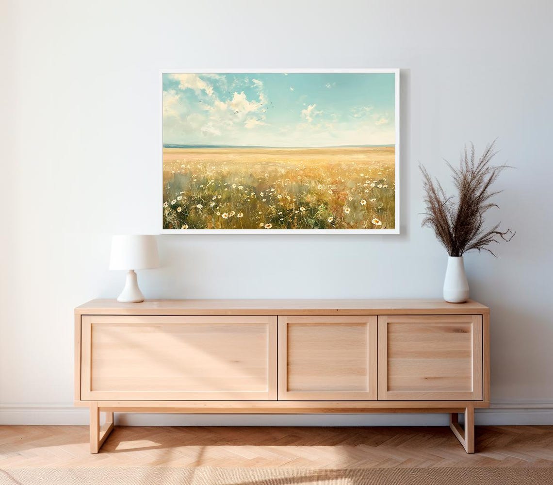 Impressionist Daisy Meadow Under Turquoise Sky Vintage Poster - Image 2