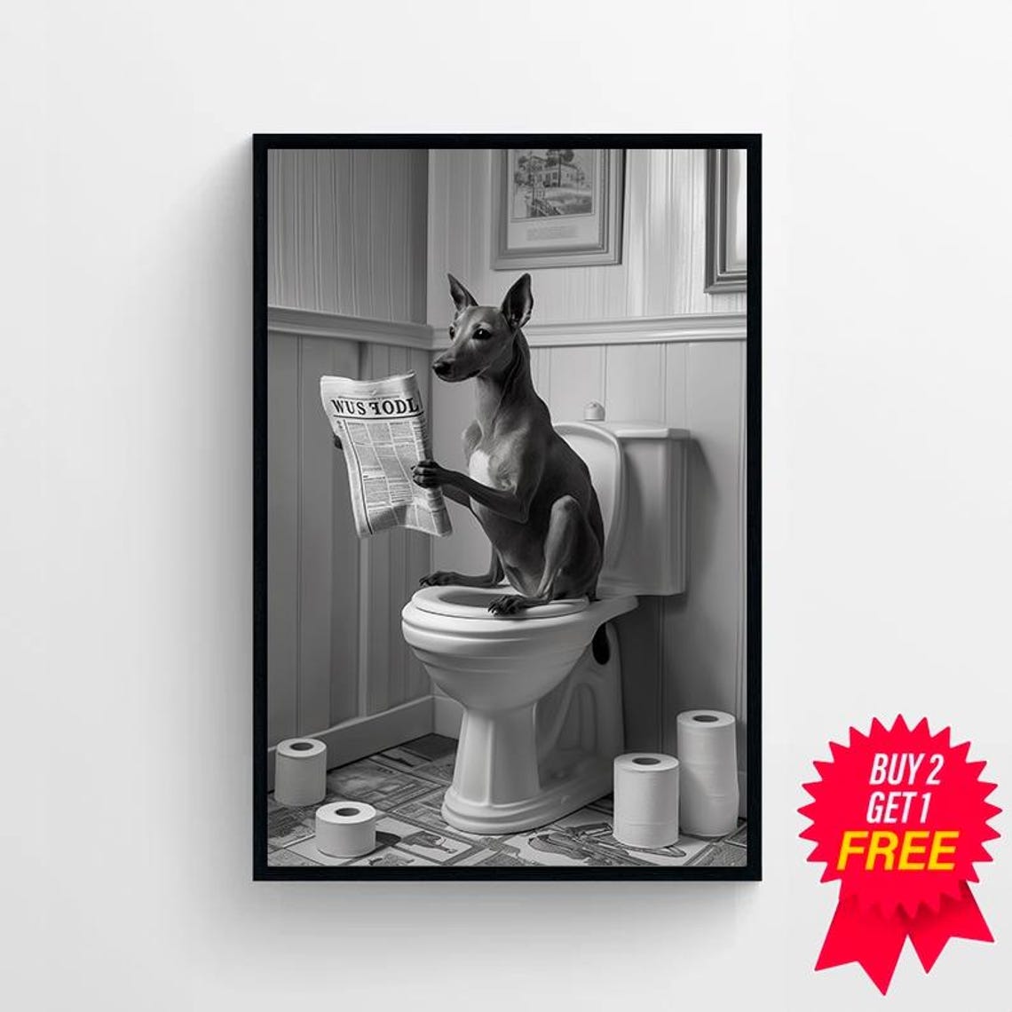 Greyhound Reading The Newspaper On The Toilet Funny B&W Poster - Image 4