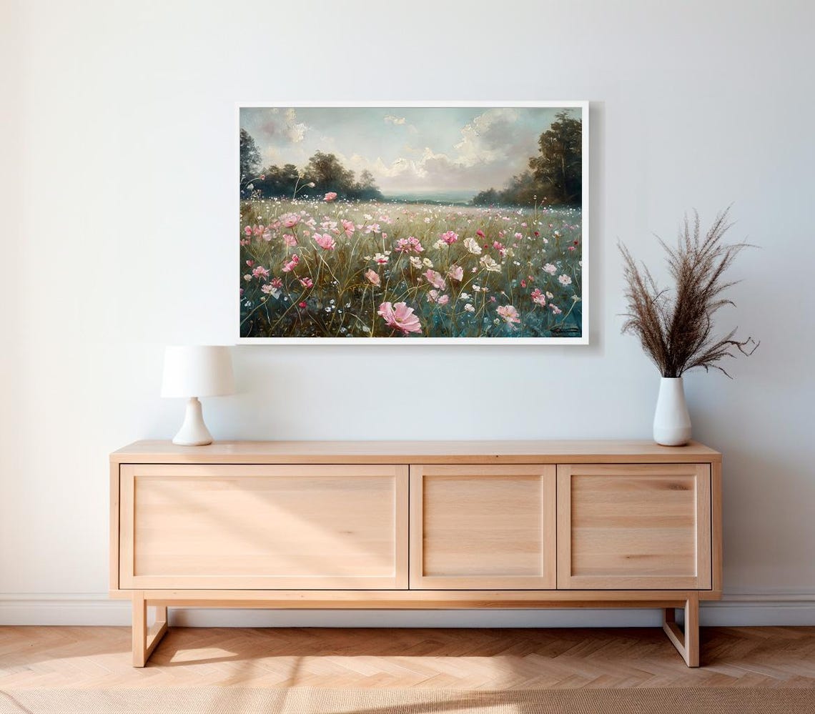 Pink and White Cosmos Meadow Under Soft Blue Sky Vintage Floral Poster - Image 2