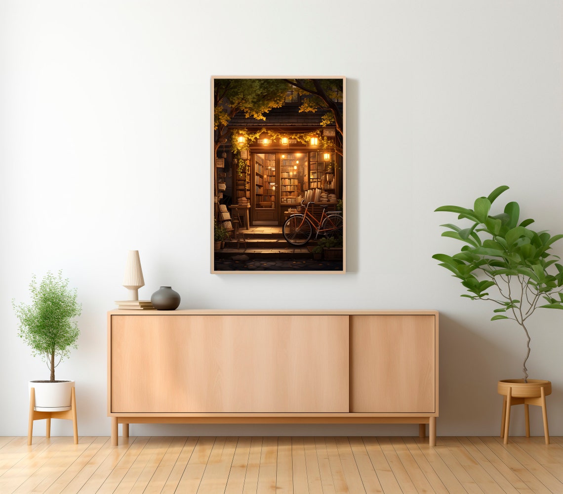 Cozy Night Bookshop Glowing Windows Bicycle Bookstore Poster - Image 2