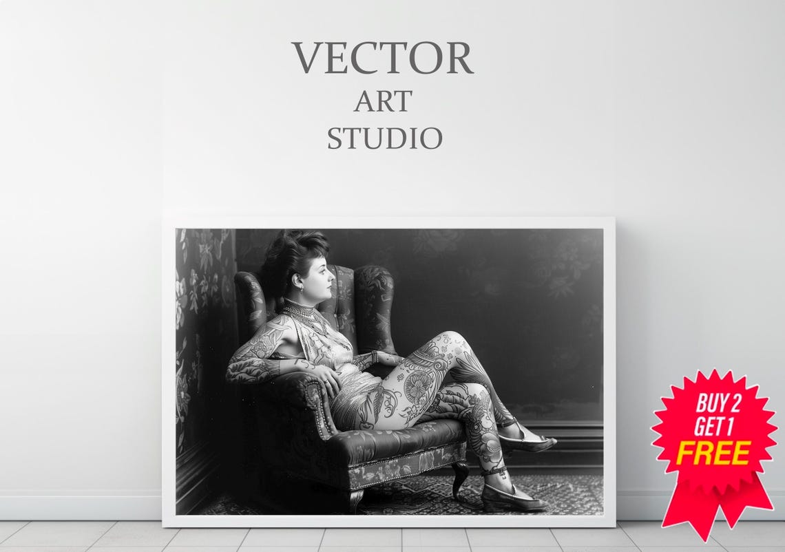 Vintage Tattooed Lady In Armchair Black And White Photo Poster - Image 3