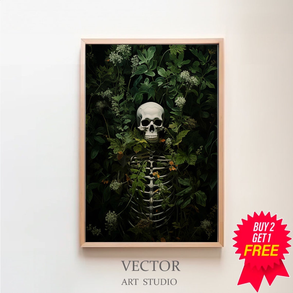 Skeleton Emerging From Dark Green Jungle Foliage Botanical Poster