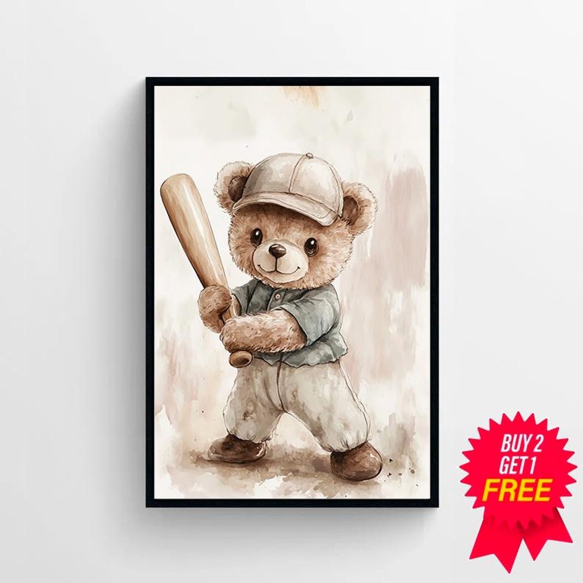 Teddy Bear Baseball Player With Bat Nursery Watercolor Poster - Image 4
