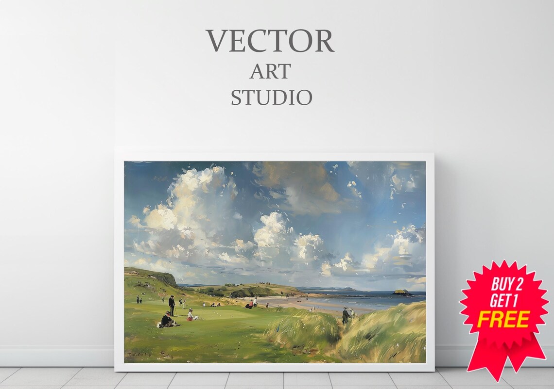 Golfers on Coastal Links by the Sea Classic Landscape Sports Art Print - Image 3