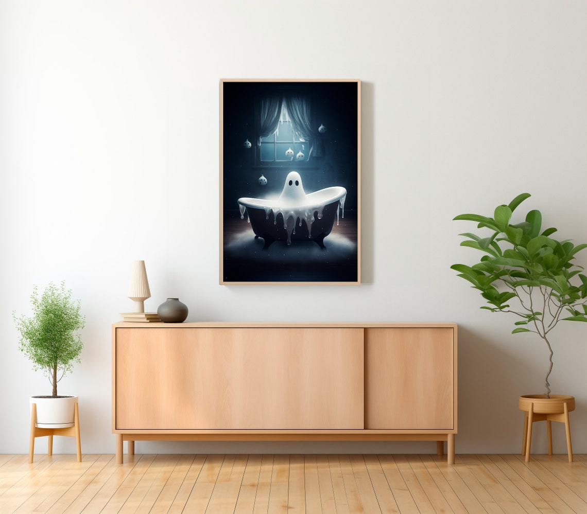 Cute Ghost in a Black Bathtub Under a Moonlit Window Halloween Poster - Image 2