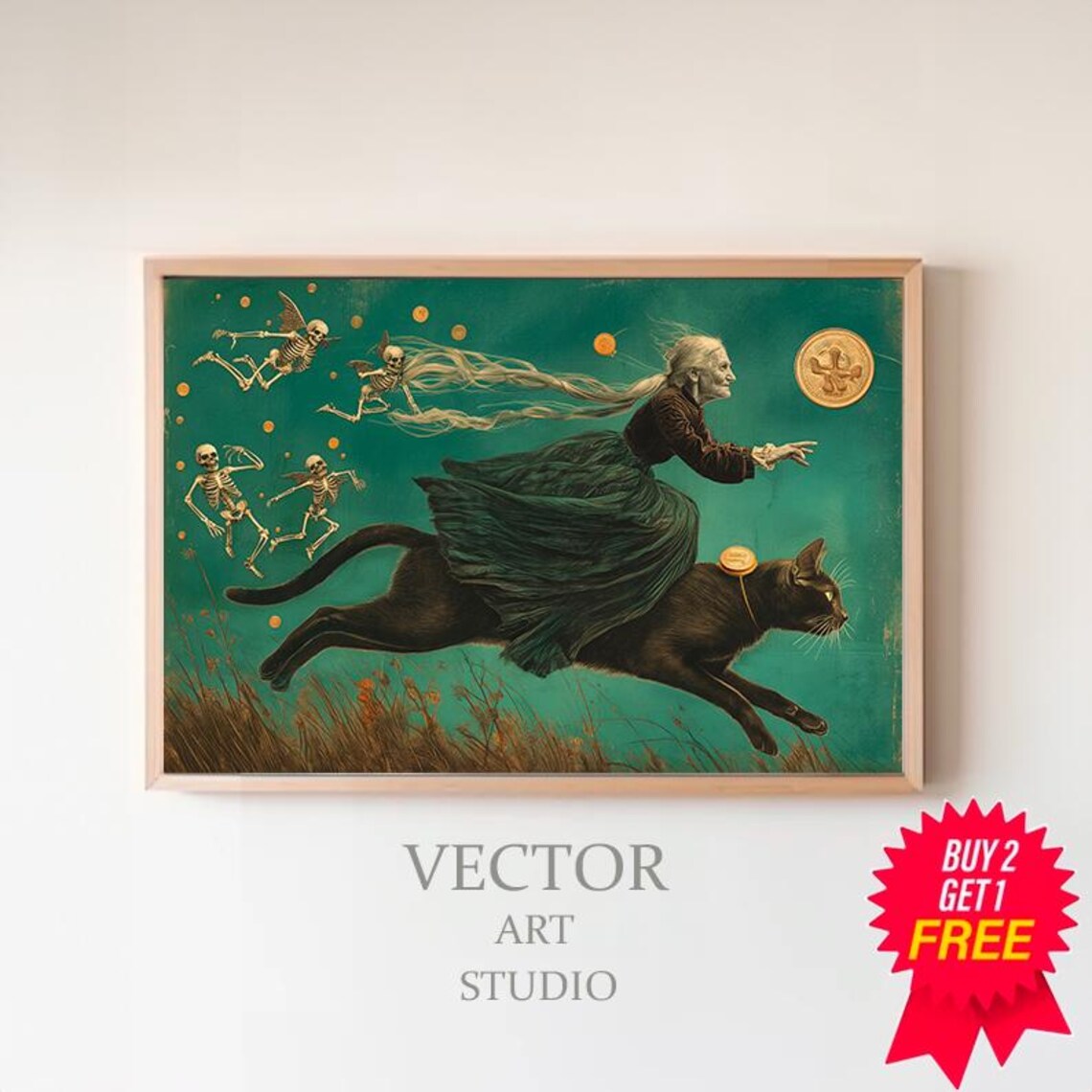 Vintage Halloween Black Cat, Dark Academia Art Print