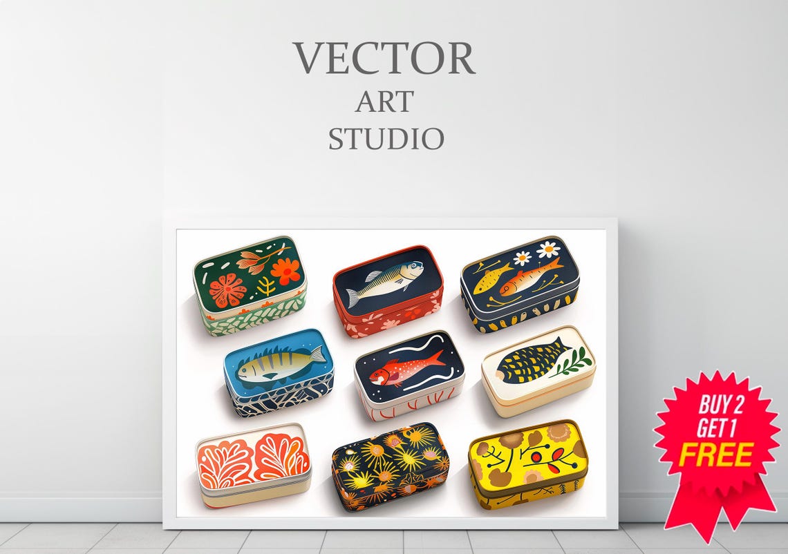 Decorated Sardine Tins with Painted Lids Grid Kitchen Poster - Image 3