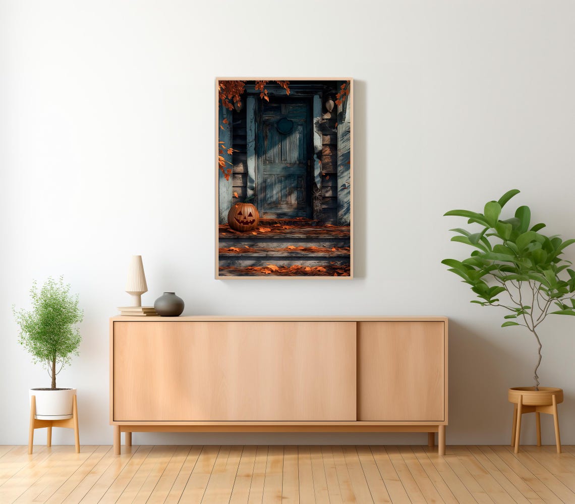 Creepy Blue Wooden Door with Big Jack-O-Lantern Fall Pumpkin Poster - Image 2