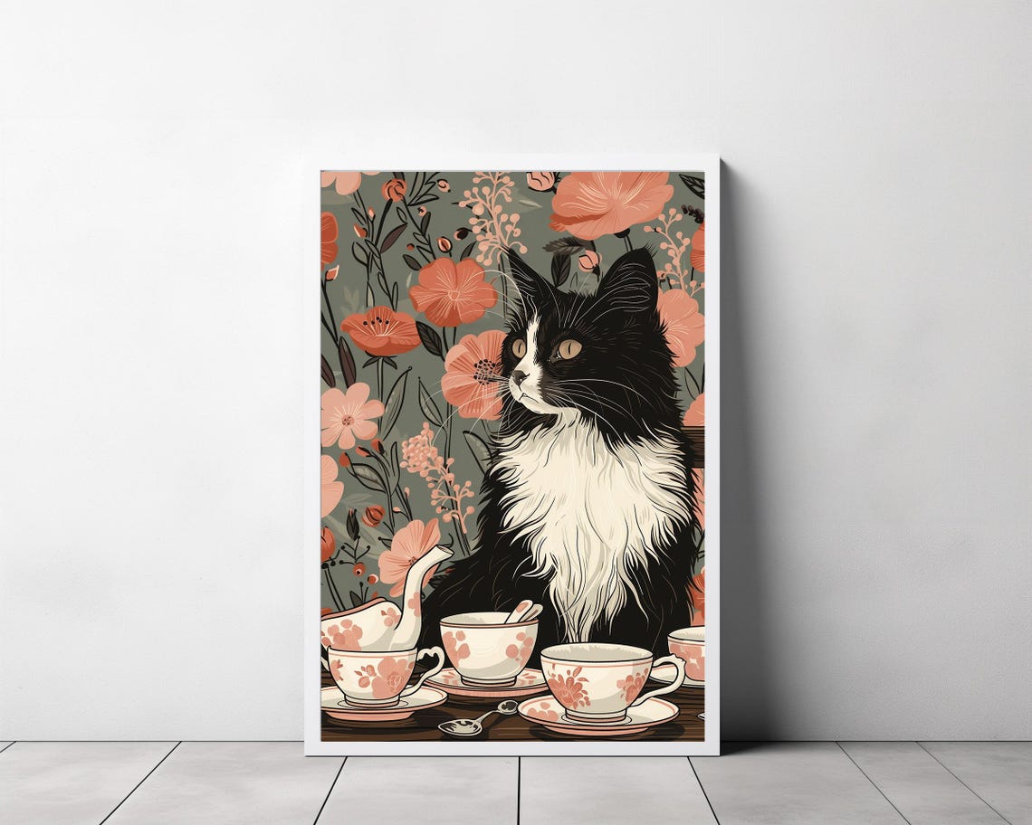 Tuxedo Cat Tea Party with Teapot Cups and Floral Background Poster - Image 3