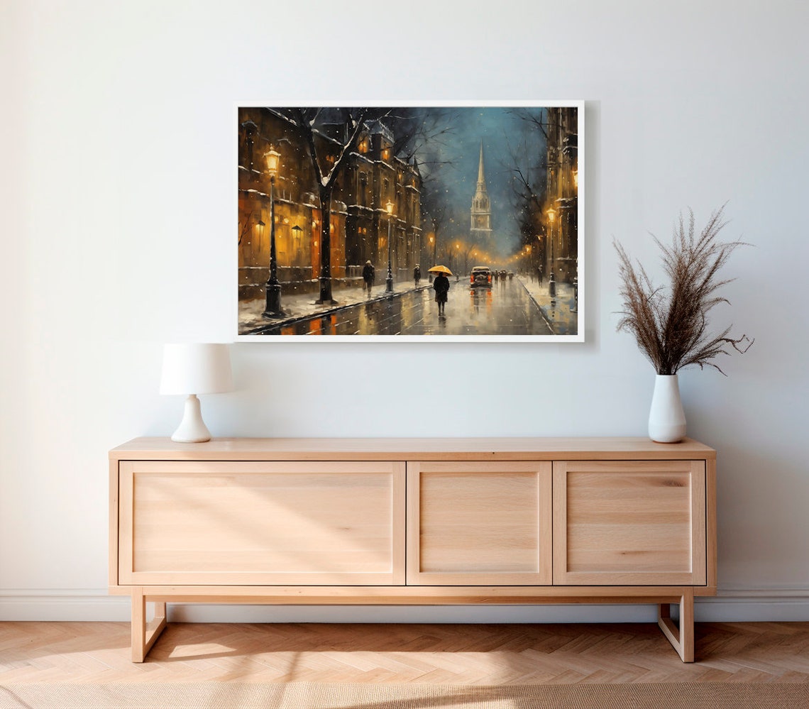 Snowy Winter Night Frame Tv Art Christmas Decor Moody Neutral Christmas Frame Tv Art Vintage Winter City Painting - Image 2