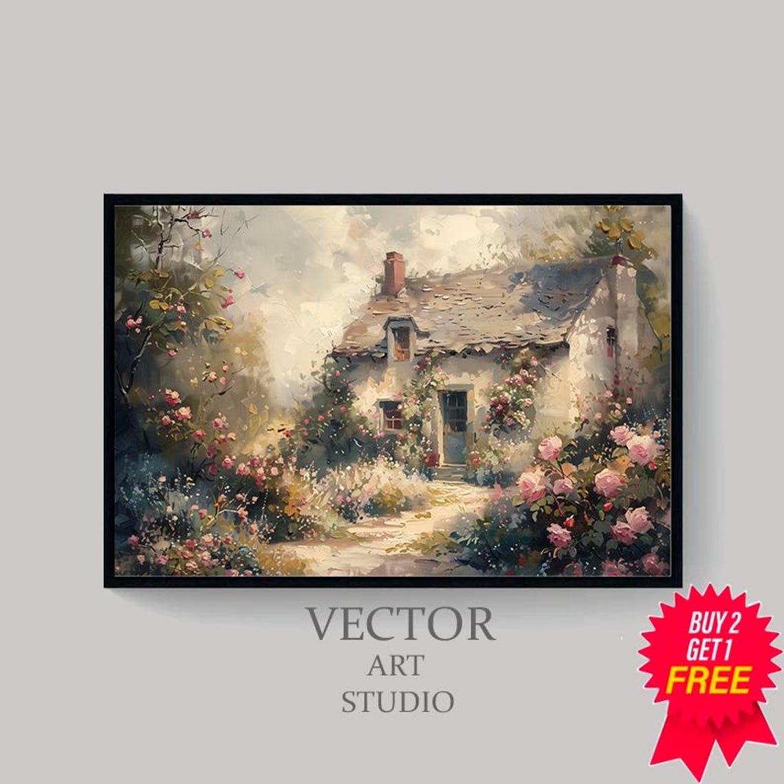 Stone Cottage Covered In Blooming Roses Garden Oil Painting Poster - Image 4
