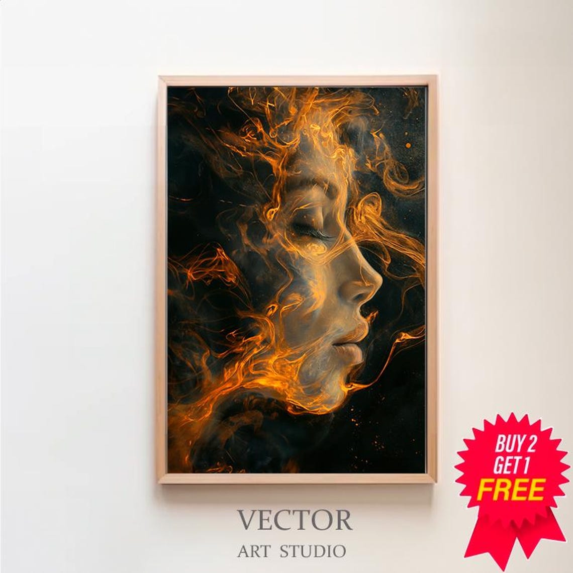 Golden Flame Woman Profile Portrait Surreal Dark Phoenix Art Poster
