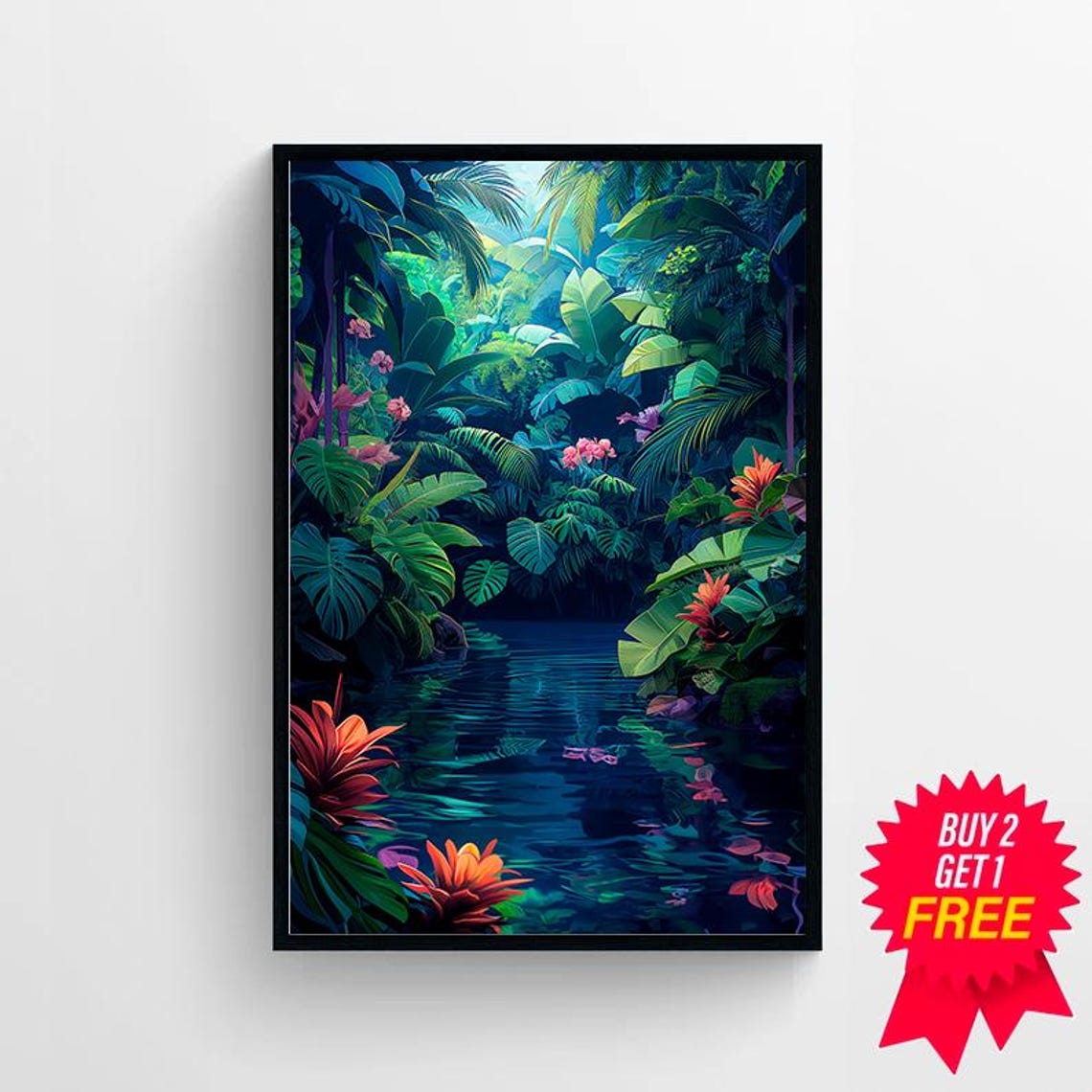 Vibrant Tropical Jungle Stream with Lush Leaves and Flowers Poster - Image 4