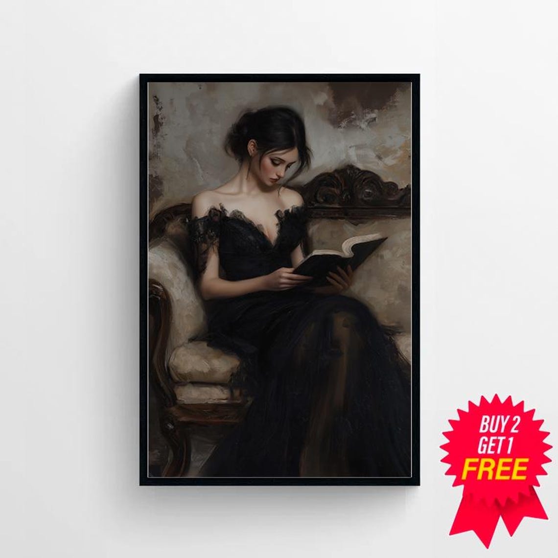 Victorian Lady in a Black Gown Reading on a Velvet Chaise Art Poster - Image 4