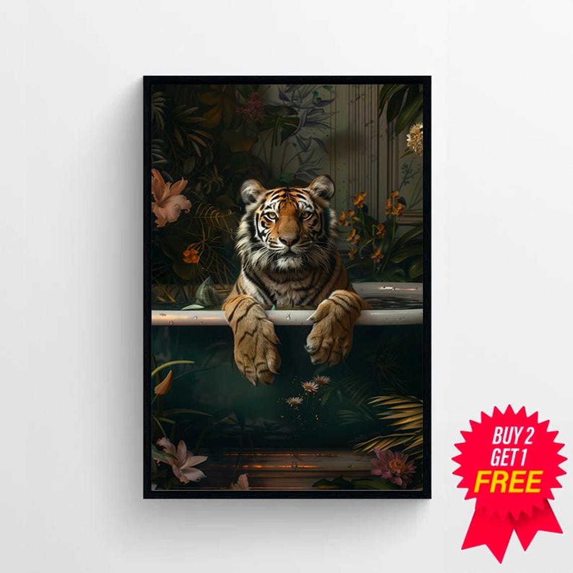 Tiger Relaxing in Bathtub Jungle Plants Maximalist Art Poster - Image 4