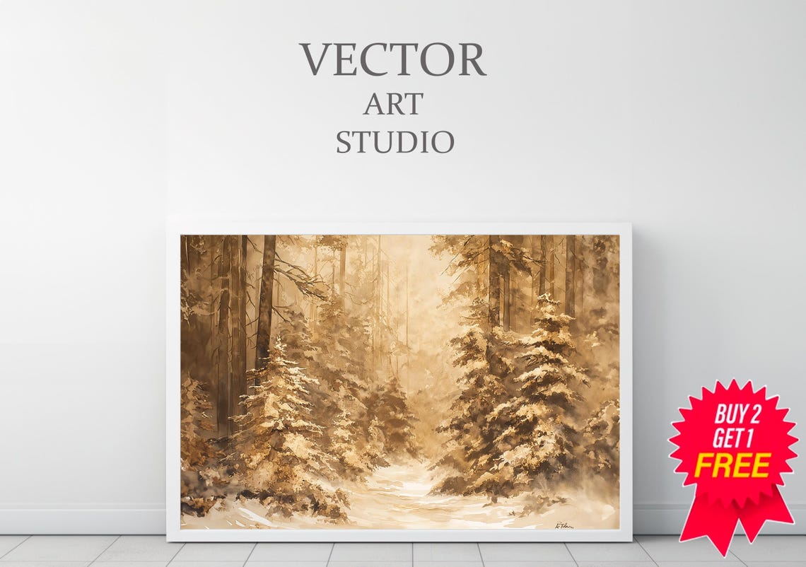 Vintage Winter Sketch Flocked Snowy Trees Vintage Art - Image 3