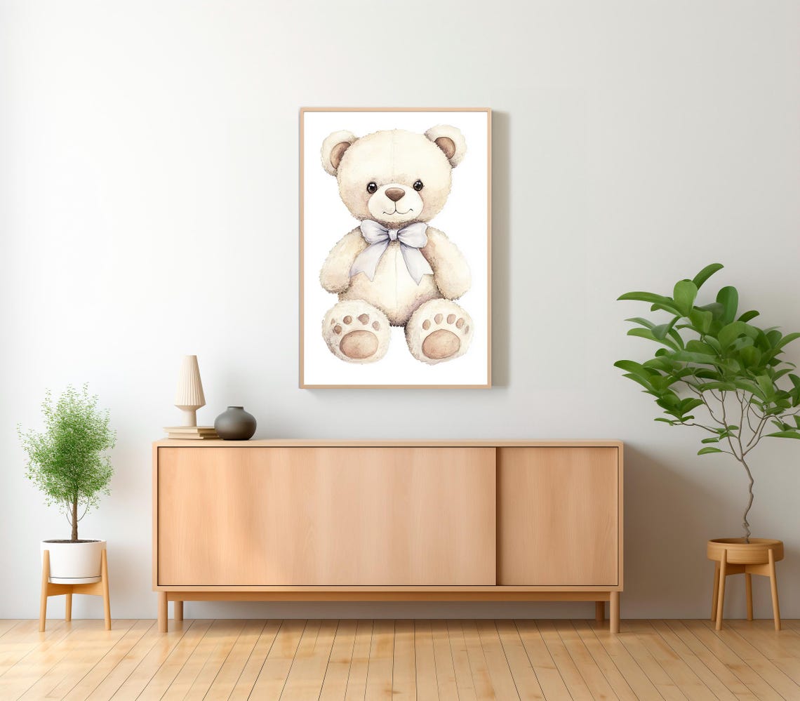 Cream Teddy Bear with Gray Ribbon Bow Watercolor Nursery Poster - Image 2