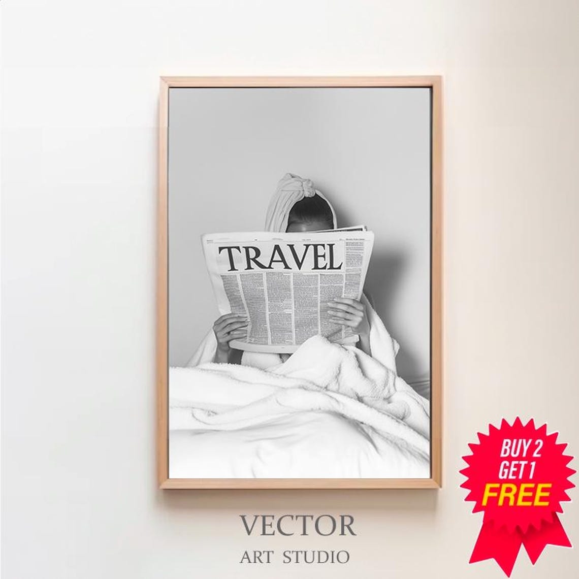 Woman Reading Travel Newspaper In Bed Minimalist Black White Poster