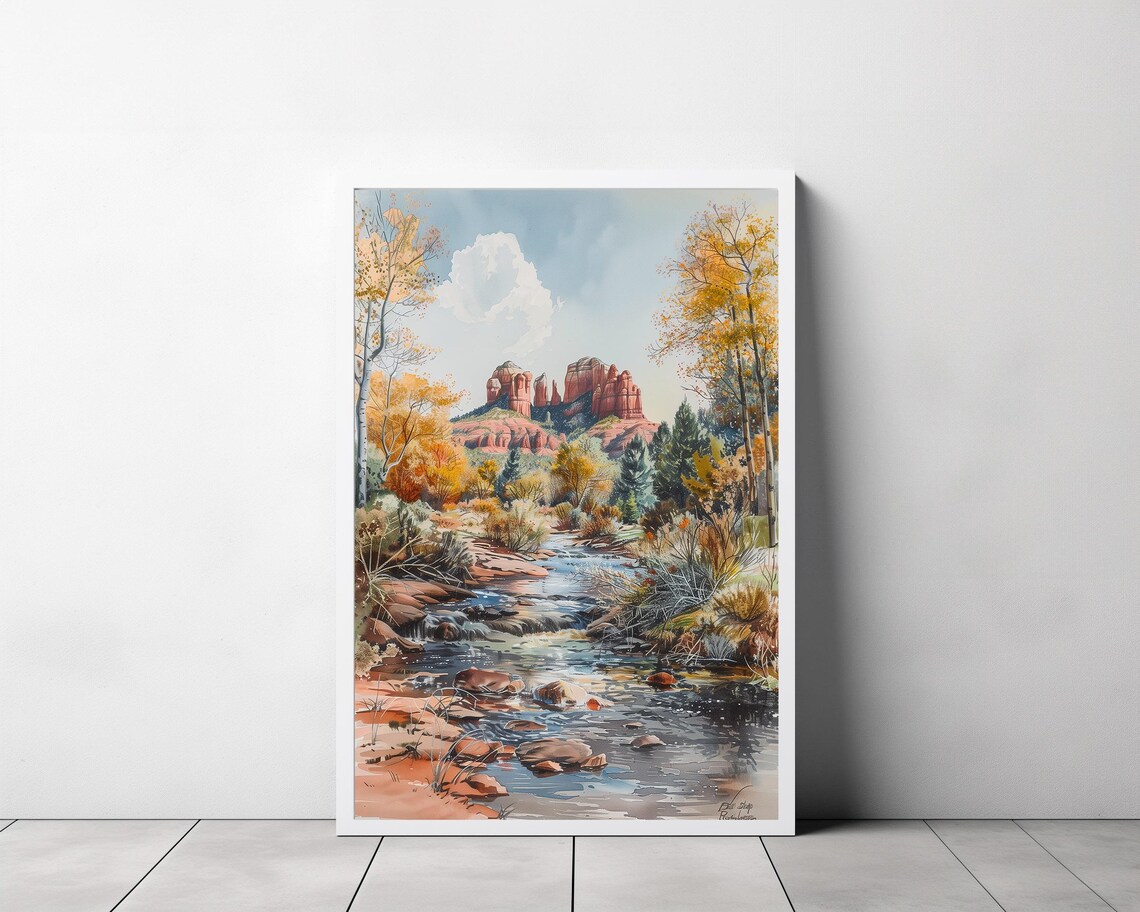 Sedona Red Rocks Creek Autumn Cottonwoods Watercolor Landscape Poster - Image 3