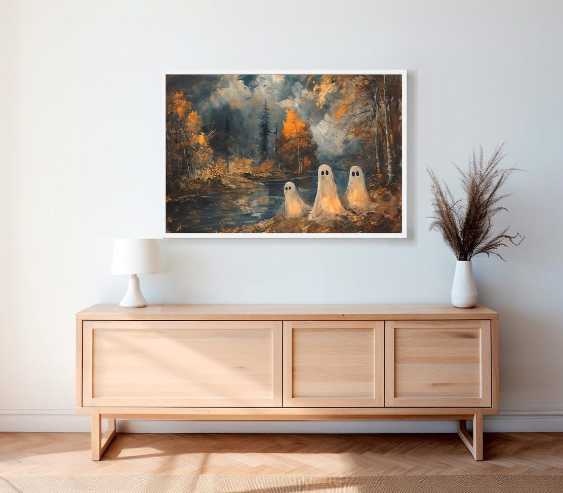 Cute Ghost Family by a Moonlit Lake Autumn Night Halloween Art Poster - Image 2