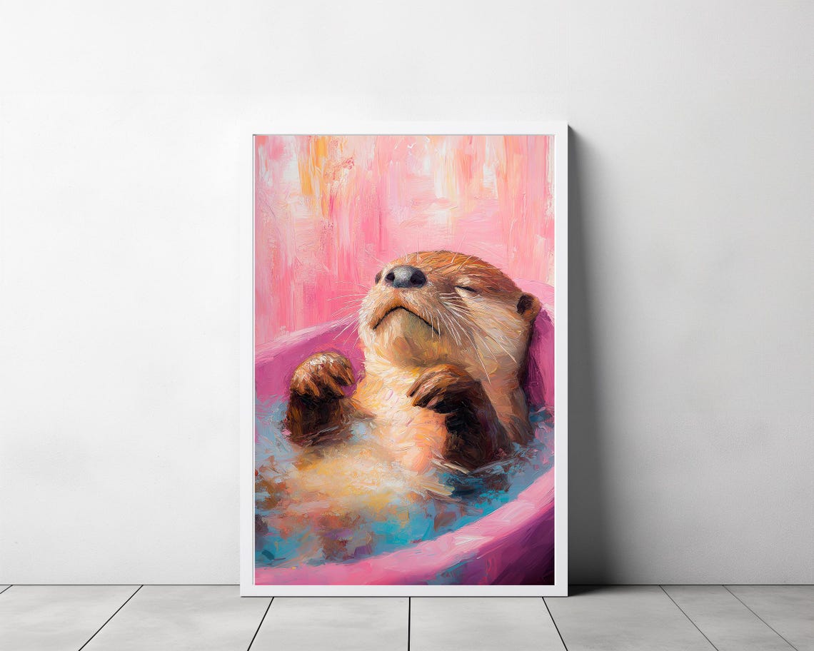 Blissful Otter Enjoying a Bubble Bath in Pink and Blue Art Poster - Image 3