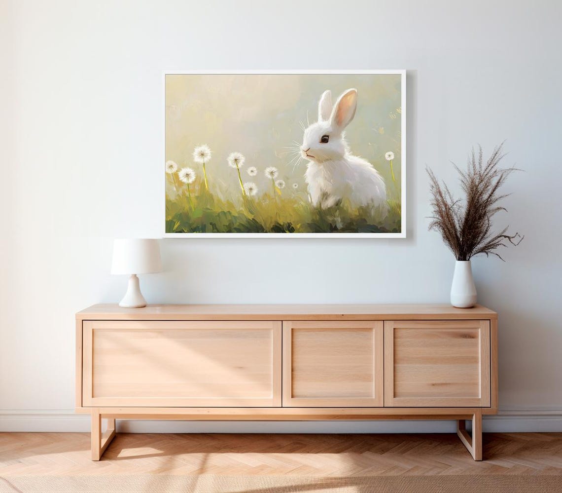 Cute White Bunny Rabbit Sitting Among Dandelions Spring Easter Poster - Image 3