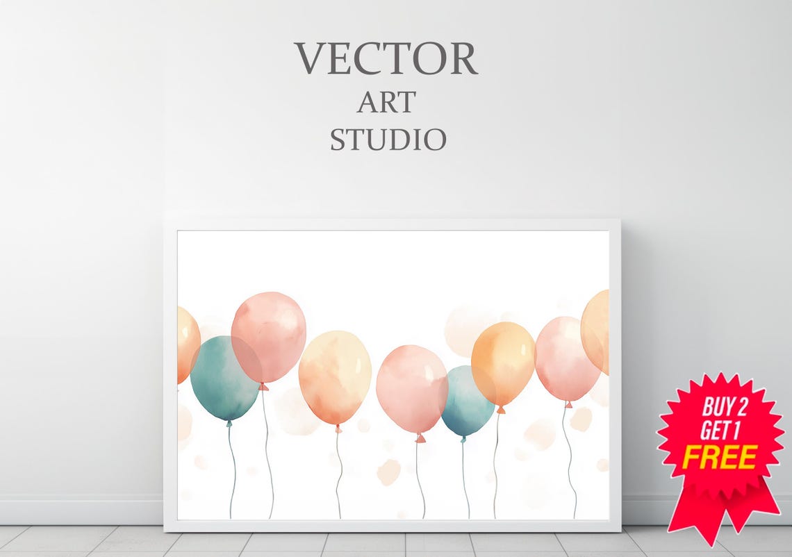 Soft Pastel Teal Pink Balloons Watercolor Birthday Party Art Print - Image 3