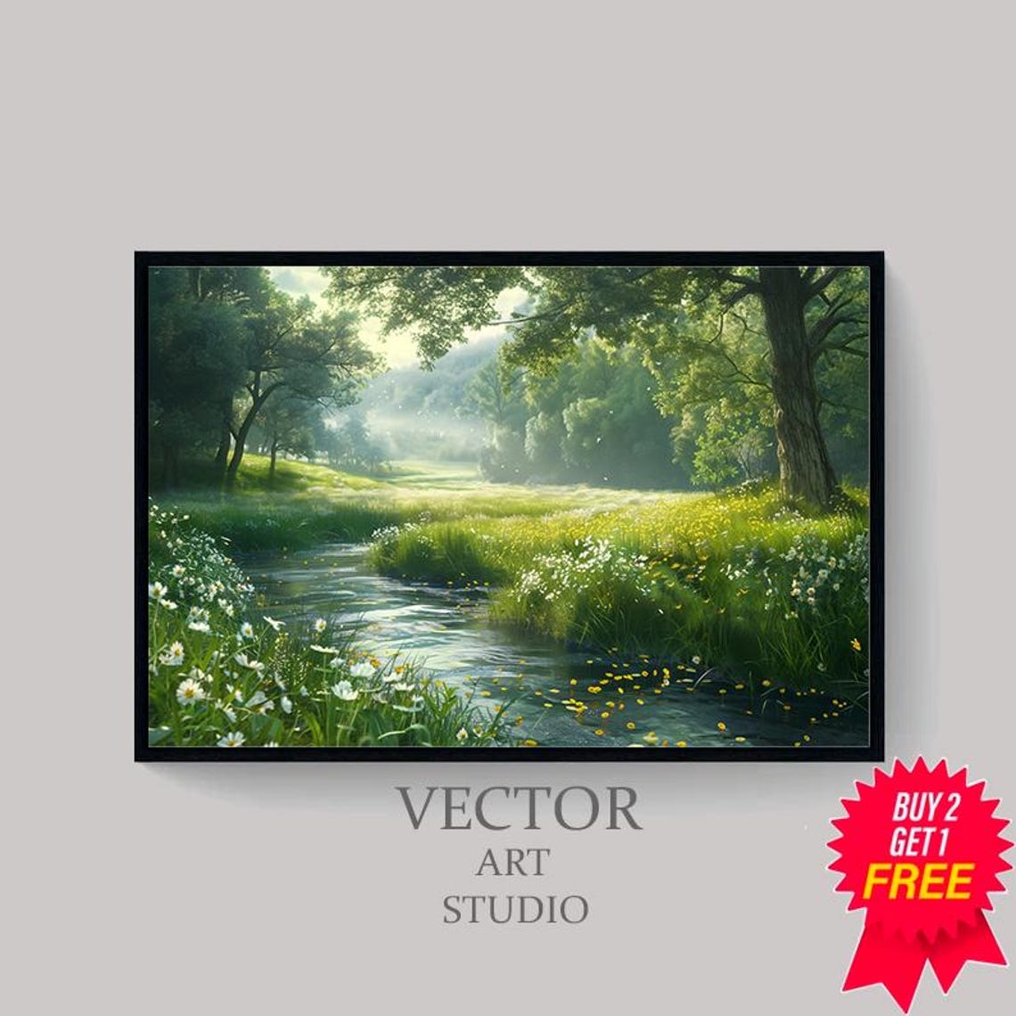 Misty River Meadow At Dawn With Wildflowers Landscape Art Poster - Image 4